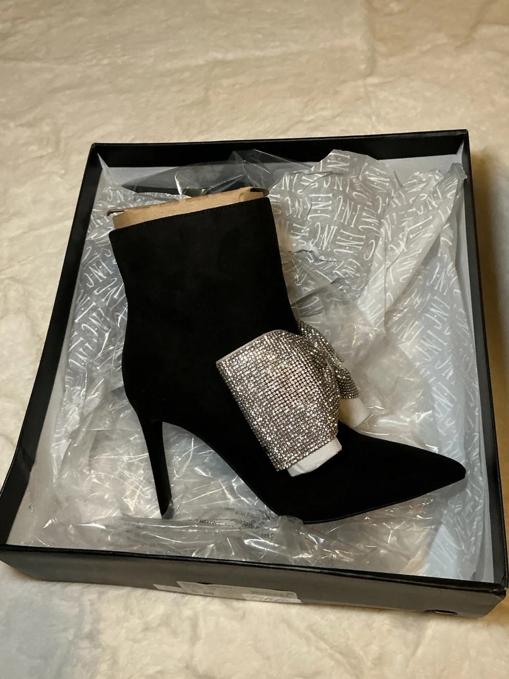 Women's Black Suede Pointed Toe Ankle Boot with Silver Rhinestone Bow